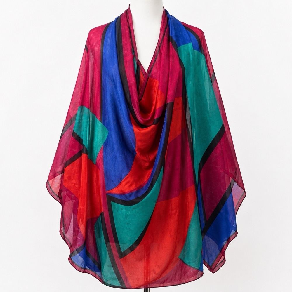 The Limited Scarf Sheer Bold Colorful Geometrical Motif 46" Made In Italy